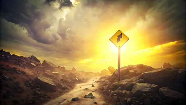 Yellow road sign with directional arrow standing on empty highway