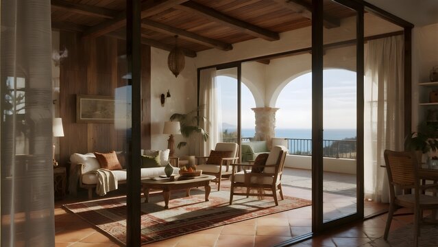 Luxury coastal living room interior design with ocean view and mediterranean architecture