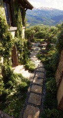 Stone pathway winds through lush garden, Italian villa backdrop