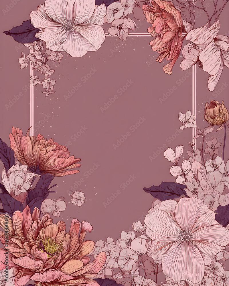 Poster flat muted mauve background with line art flower border, empty center