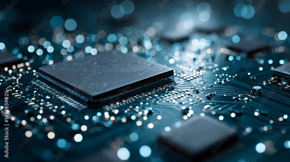 Poster close-up view of a circuit board with integrated circuits.