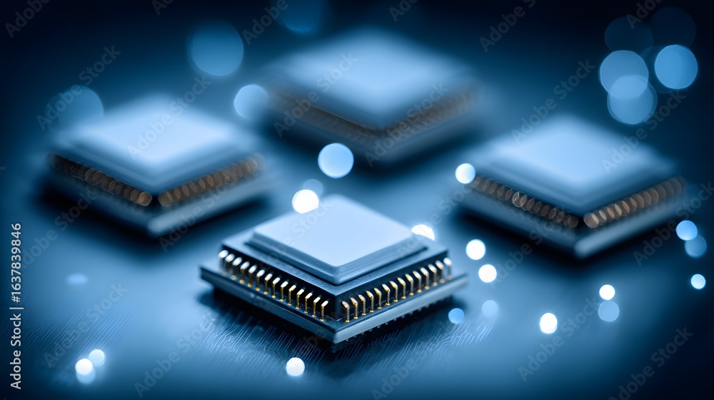 Poster close-up view of several computer chips.