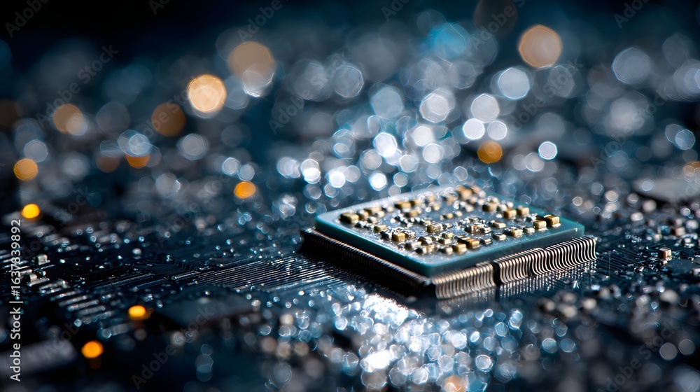 Poster close-up view of a circuit board with a processor chip.