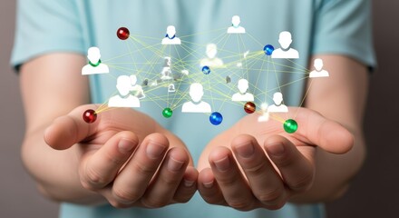 Obraz premium Human Resources Network Concept: Person Holding Virtual Team, Illustrating Connection, Collaboration, and Social Networking on Light Background