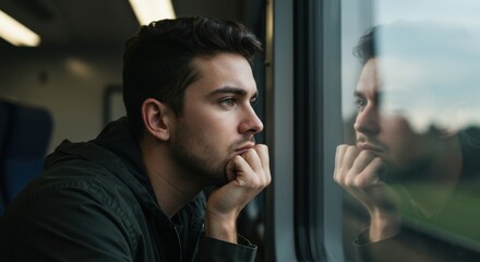 Pensive Man Looking Out Train Window – Emotional Journey and Inner Reflection