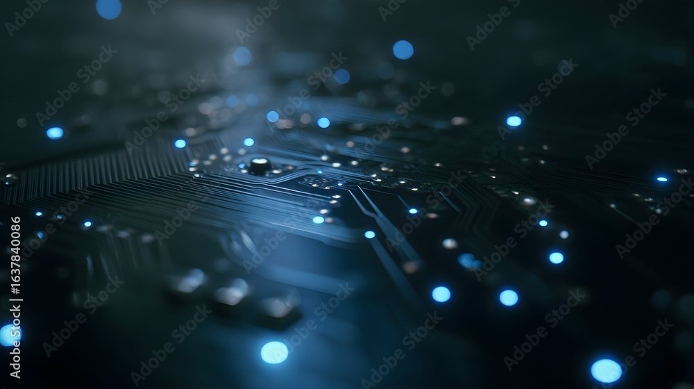 Poster close-up view of intricate circuit board with glowing components.