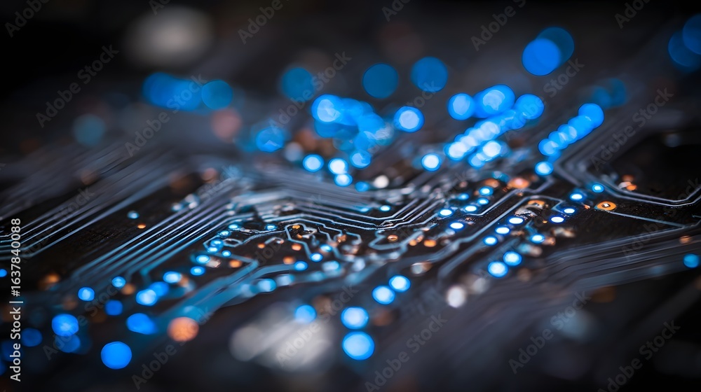 Poster Close-up view of illuminated circuit board pathways.