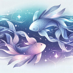 Graceful Pisces zodiac fish swimming in a shimmering cosmic background with flowing waves