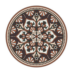 Vector mandala isolated on white background. Ornament card with mandala on brown and dark green colors. Oriental pattern, vintage decorative element for design