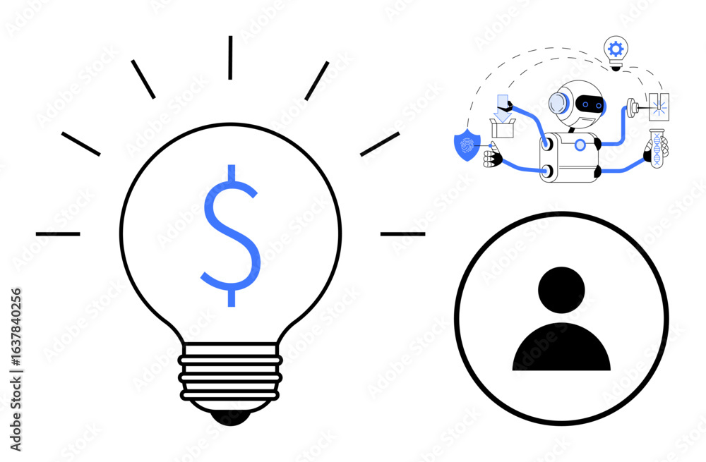 Poster lightbulb with dollar sign, robot managing tasks, and user profile icon. ideal for ai, fintech, auto