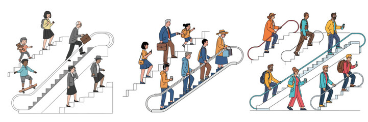 Diverse Groups of People Using Escalators in Public Spaces