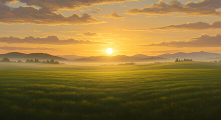 Obraz premium Sunrise over Verdant Meadow — Golden Light and Misty Horizon