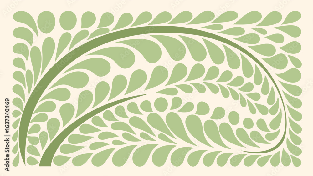 Poster abstract botanical design with green leaves and curved lines in a decorative pattern style