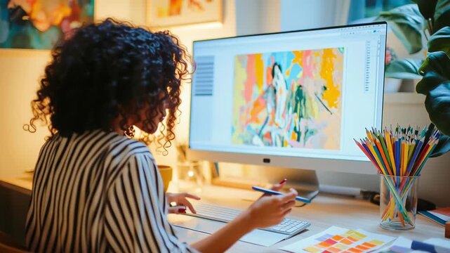 Creative digital artist working on abstract artwork at modern home studio