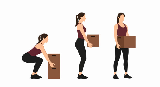 Woman in sportswear demonstrating correct technique for lifting a heavy box in three sequential steps.