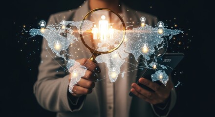 Global Recruitment Strategy: Person Holding Magnifying Glass Over World Map Displaying Talent Acquisition and Networking