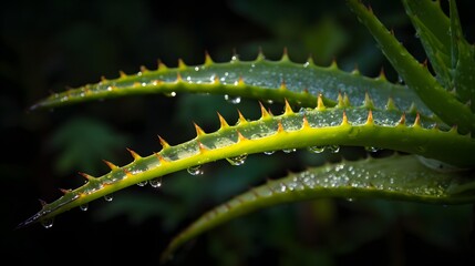 Naklejka premium Close-up view of succulent leaves covered in water droplets.