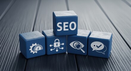 Blue blocks with SEO, data protection, website optimization, and verified content icons for business strategy