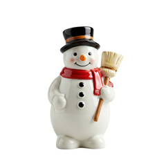 Cheerful ceramic snowman figurine with a top hat red scarf and broom for Christmas decor