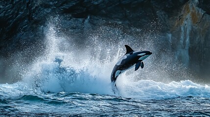 Orca Breaching Ocean Waves Near Rocky Coastline in Dramatic Scene