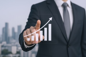 Business Professional Demonstrating Growth with Rising Bar Chart and Arrow in a Modern Urban Setting