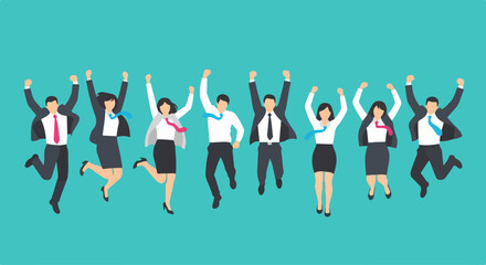 Joyful group of diverse business people in suits jumping and celebrating success together.