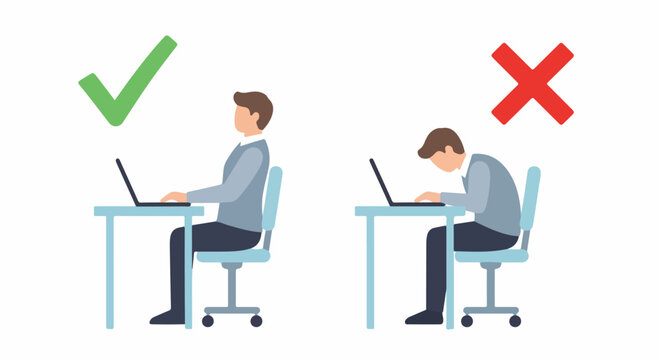 Infographic comparing correct and incorrect sitting posture for a man using a laptop at a desk.