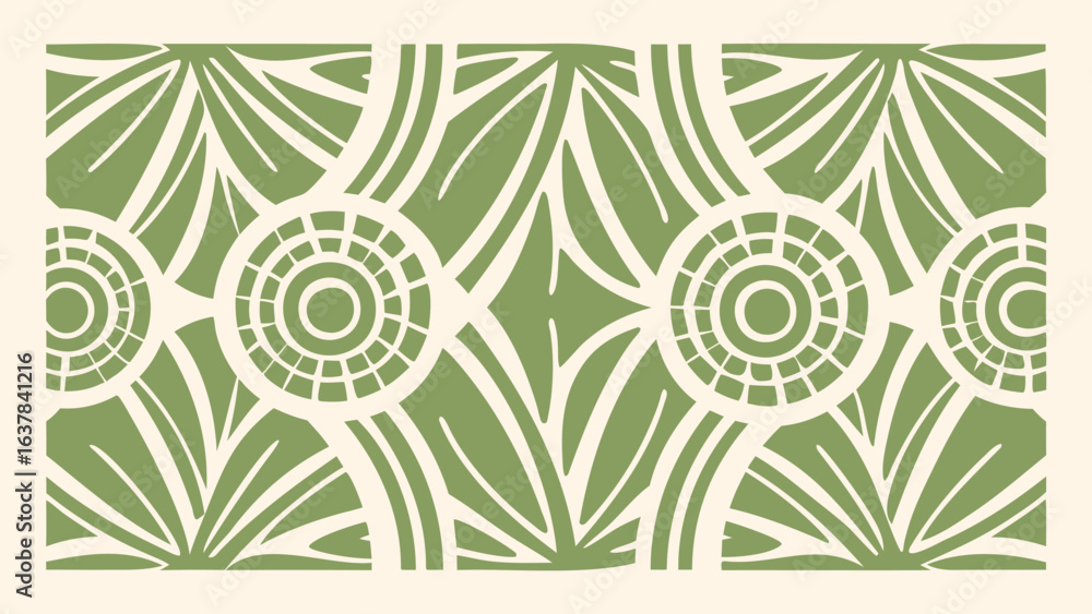Aufkleber ornamental pattern with circles and leaf like shapes in green and white colors creating a seamless d