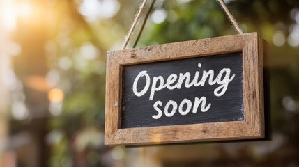 Grand Opening Announcement: A Stylish 'Opening Soon' Sign Hung Outdoors, Promising New Business and Opportunities