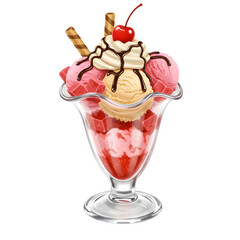 Ice Cream Sundae with Chocolate Syrup, Isolated on White or Transparent Background