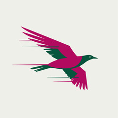 Obraz premium Stylized illustration of a bird in flight, depicted with magenta and green colors, suggesting movement through horizontal lines.