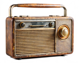 Vintage rusty portable radio with metal handle isolated on white background PNG.AI Generated
