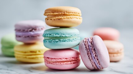 Obraz premium Colorful Macarons Stacked Deliciously on Marble Surface, Perfect for Sweet Treats and Bakery Concepts
