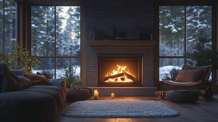 Cozy living room with a roaring fireplace and large windows overlooking a snowy forest scene
