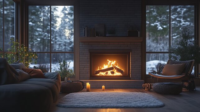 Cozy living room with a roaring fireplace and large windows overlooking a snowy forest scene