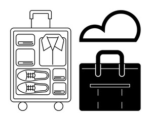 Open suitcase neatly packed with shoes and clothes, next to a carry-on bag and cloud. Ideal for travel, organization, packing, efficiency, neatness, vacations and minimalism. Simple flat metaphor