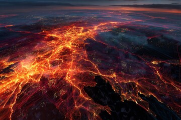 Aerial view of a fiery lava flow from an erupting volcano at night, creating a mesmerizing landscape