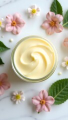 Luxurious Facial Cream in Glass Jar:  Swirled Texture, Pink Flowers, Green Leaves, Marble Background, Spa Treatment, Beauty Product