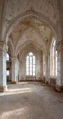Obraz premium Empty, sunlit, decaying chapel interior