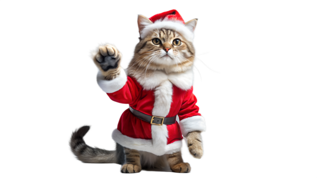 Adorable cat dressed as santa claus waving its paw isolated on transparent background, perfect for christmas and holiday greetings with a cute pet