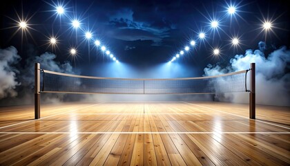 Volleyball court under stadium lights, hardwood flooring, dramatic smoke, empty arena, ready for professional night match, intense and competitive atmosphere.