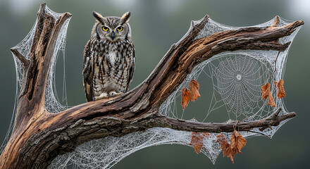 A great horned owl perched on a branch covered in spiderwebs with leaves attached to the webs ai generated