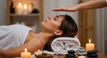 Reiki Energy Healing Session in Spa – Woman Relaxing with Candlelight Ambience