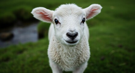 Obraz premium Adorable Lamb Portrait: Cute White Lamb in Green Pasture Close Up