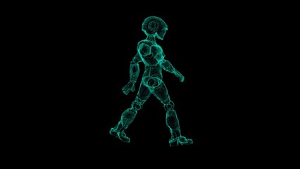 Futuristic Holographic Robot Walks Against Black Background Displaying Technology