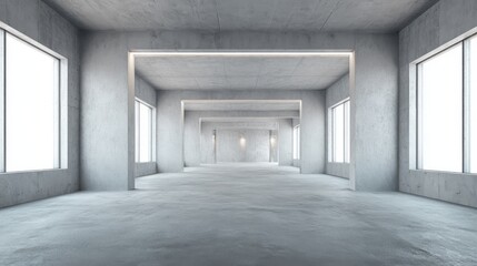 Fototapeta premium Minimalist Concrete Hallway with Natural Light, Modern Architecture and Empty Space for Interior Design Mockups