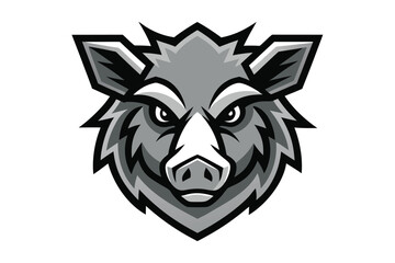 Monochrome wild boar head mascot features sharp lines with intense gaze on a white background