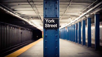 Subway Station Platform View with Blue Support Beam and Sign, Public Transportation Commute