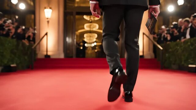 Man walking on a red carpet with a crowd in the background at a formal event