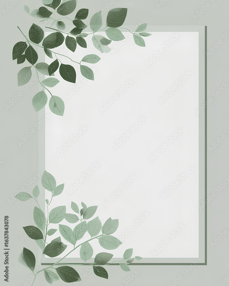 Poster minimal sage green template with leaf outline icons on edges and blank middle